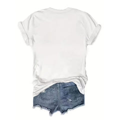Women's Casual Oversized T-Shirt With Black Star Print - White Round Neck Short Sleeve Top For Spring/Summer, Machine Washable & Breathable Casual Att