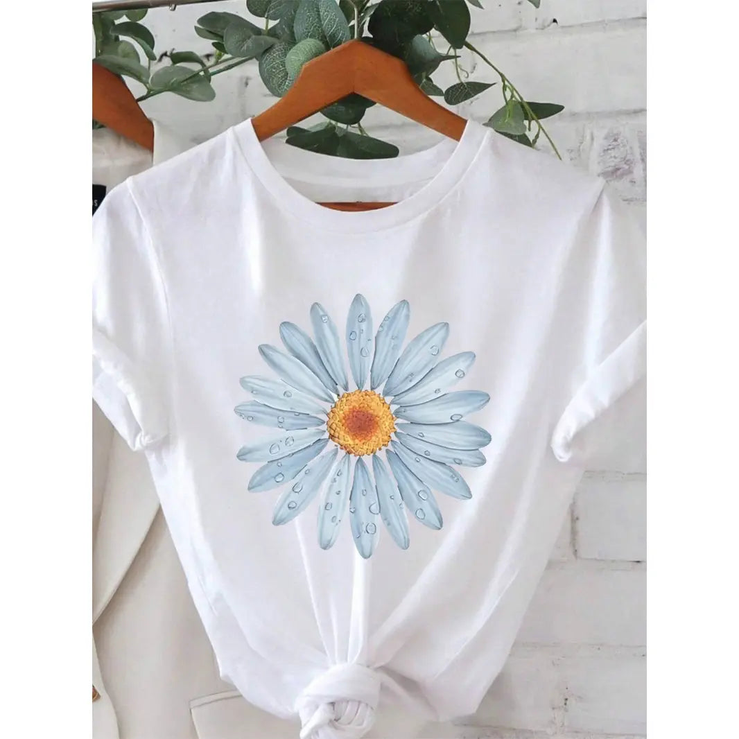 Womens Cotton Short Sleeve Graphic Tee Daisy Flower Print Crewneck Casual Summer Top Soft Breathable Lightweight Everyday Vacation Beach Streetwear