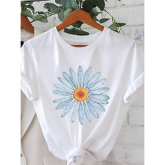Womens Cotton Short Sleeve Graphic Tee Daisy Flower Print Crewneck Casual Summer Top Soft Breathable Lightweight Everyday Vacation Beach Streetwear