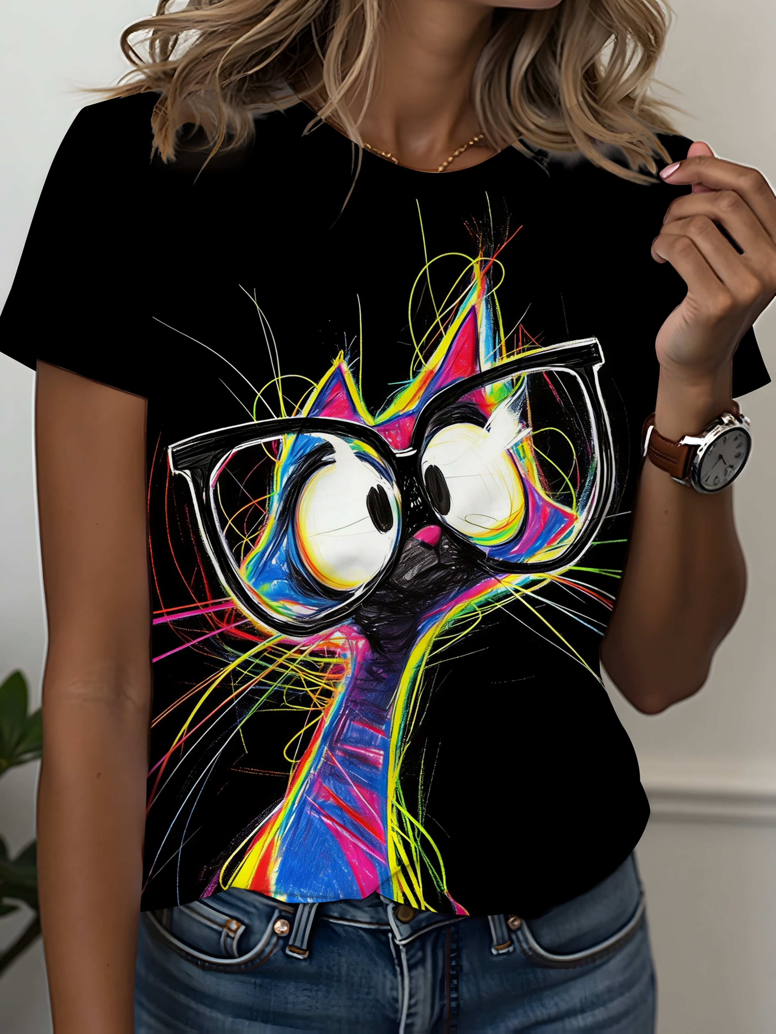 Sketch Cat with Glasses Print T-shirt | Black and White Casual Style Top, Breathable and Comfortable