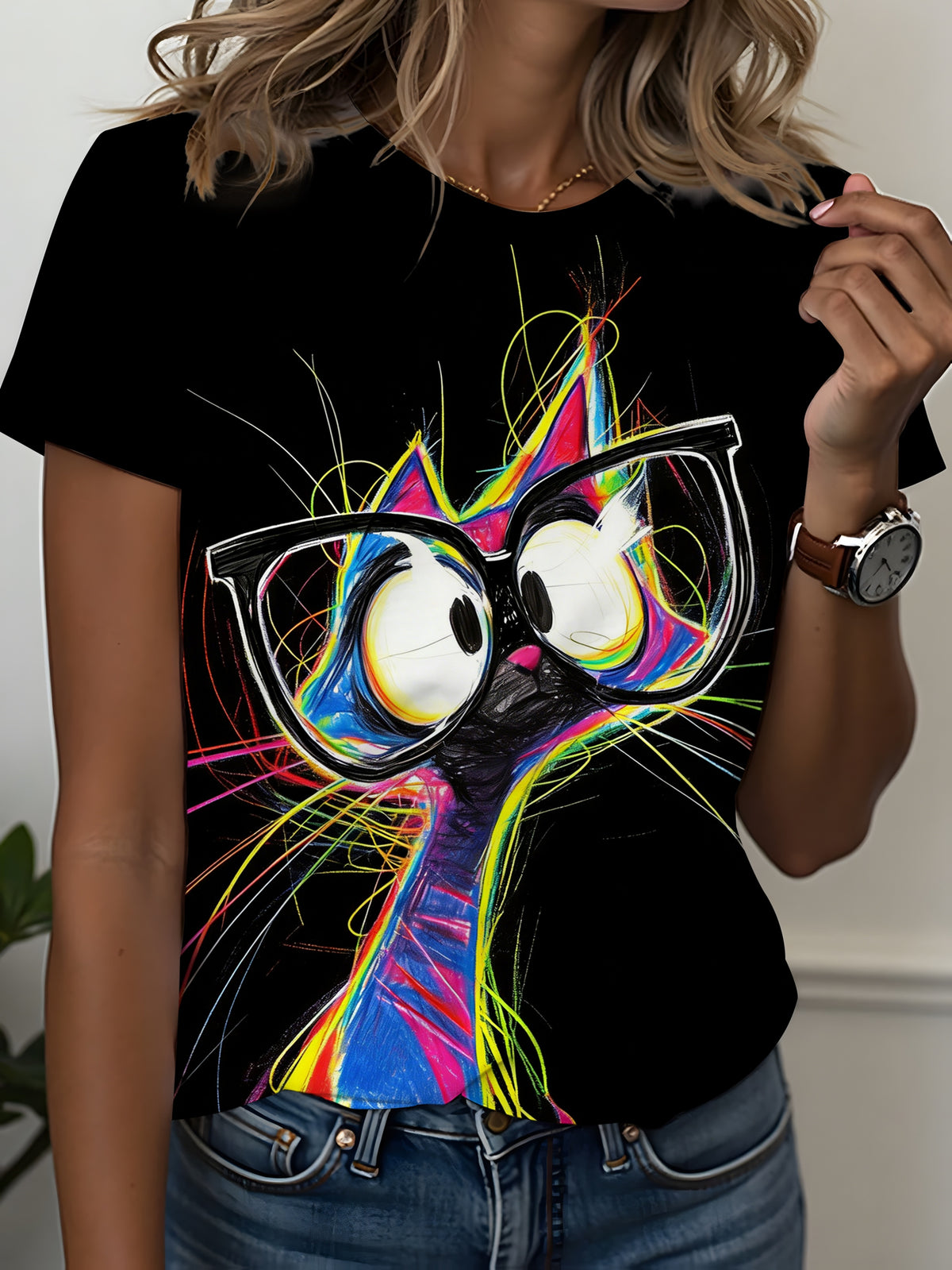 Sketch Cat with Glasses Print T-shirt | Black and White Casual Style Top, Breathable and Comfortable