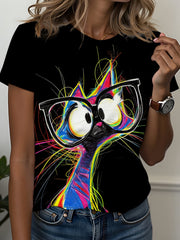 Sketch Cat with Glasses Print T-shirt | Black and White Casual Style Top, Breathable and Comfortable