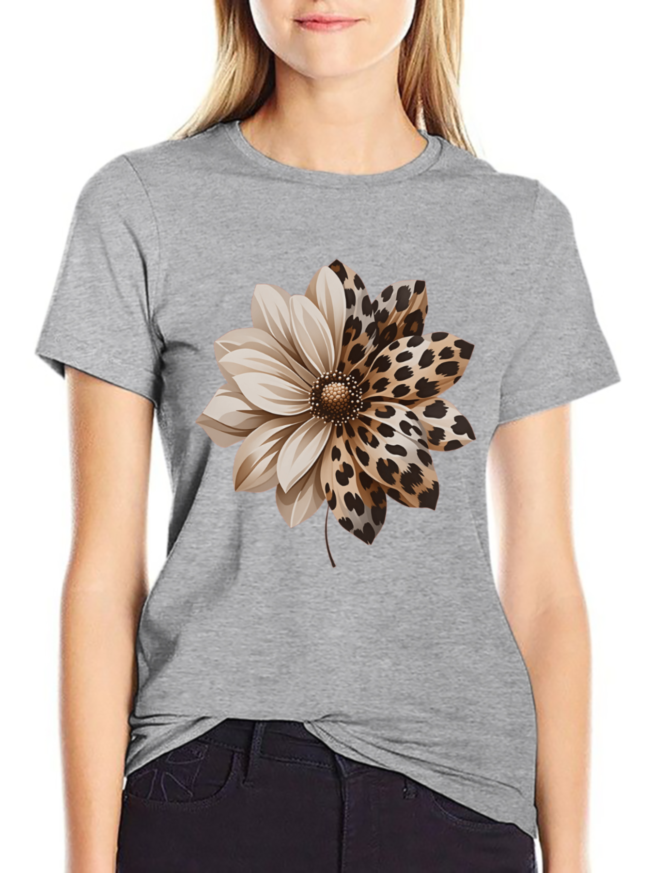 Women'S Elegant Style Plus Size Short Sleeve, Half Leopard Print Half Solid Dahlia Pattern Round Neck Comfortable