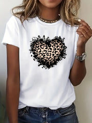 Casual Round-Neck Short-Sleeve T-Shirt for Women Featuring a Fashionable Polka Dot Heart Print for Spring And Summer