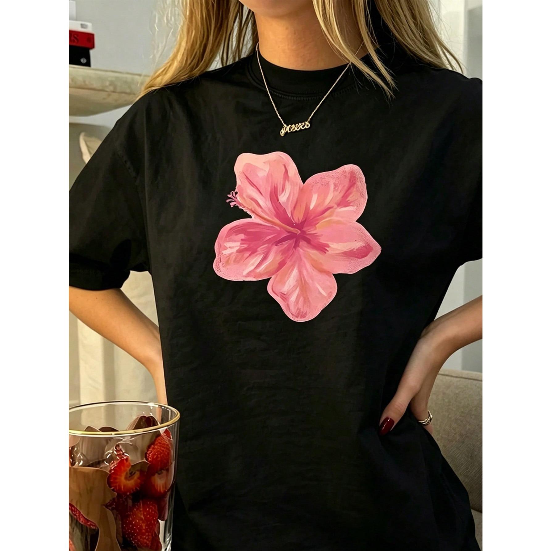 Women's Retro Floral Print Short Sleeve Round Neck T-Shirt Soft Pink Hawaiian Cut Lightweight Breathable Beach, Office, Daily