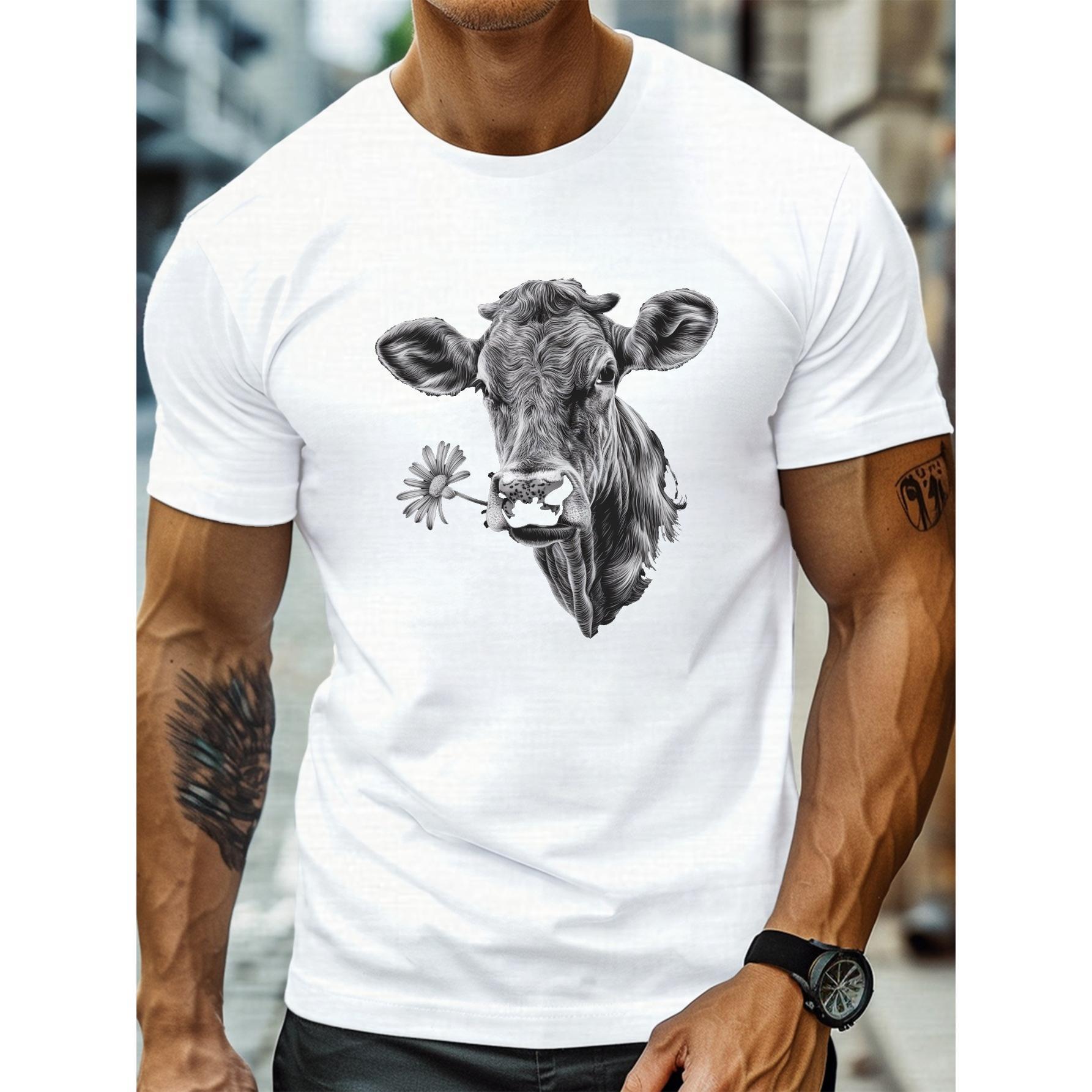 Casual Short-Sleeve T-Shirts Featuring a Detailed Graphic Print of a Cow'S Head, Perfect for Everyday Wear Individuals