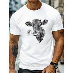 Casual Short-Sleeve T-Shirts Featuring a Detailed Graphic Print of a Cow'S Head, Perfect for Everyday Wear Individuals