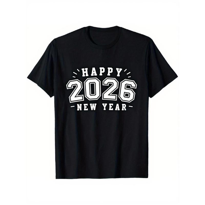 Happy 2026 New Year Black T-Shirt for Men & Women - Unisex Short Sleeve Crewneck with White 2026 Number Print, White Lettering & Year Design, Casual Party Outfit, Comfortable Streetwear