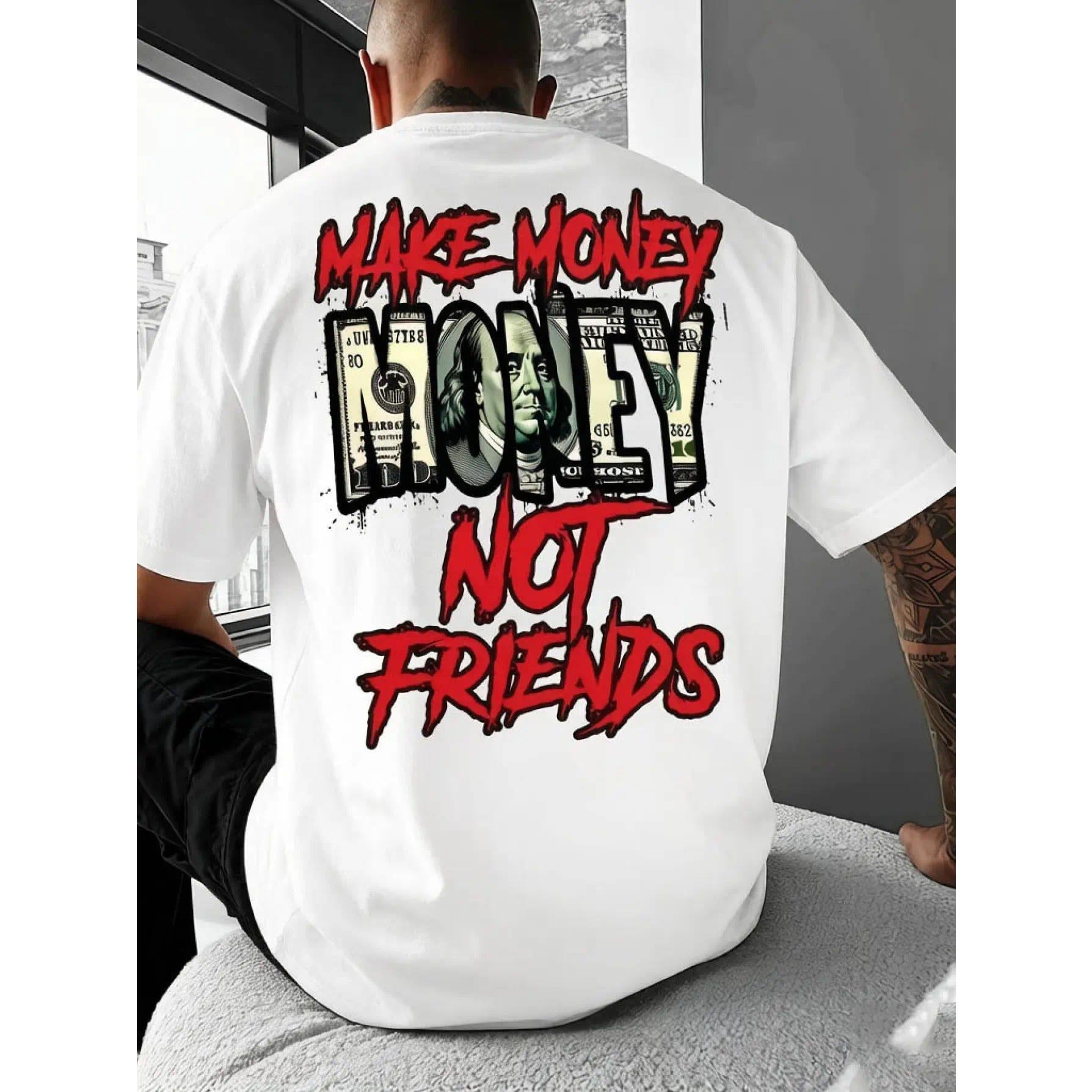 Men's Make Money Not Friends Slogan Graphic Tee Retro Streetwear Style Printed Design ,Soft Breathable Fabric Apparel Trendy Summer Outdoor Clothing Daily Commute Versatile All Season Casual Gift