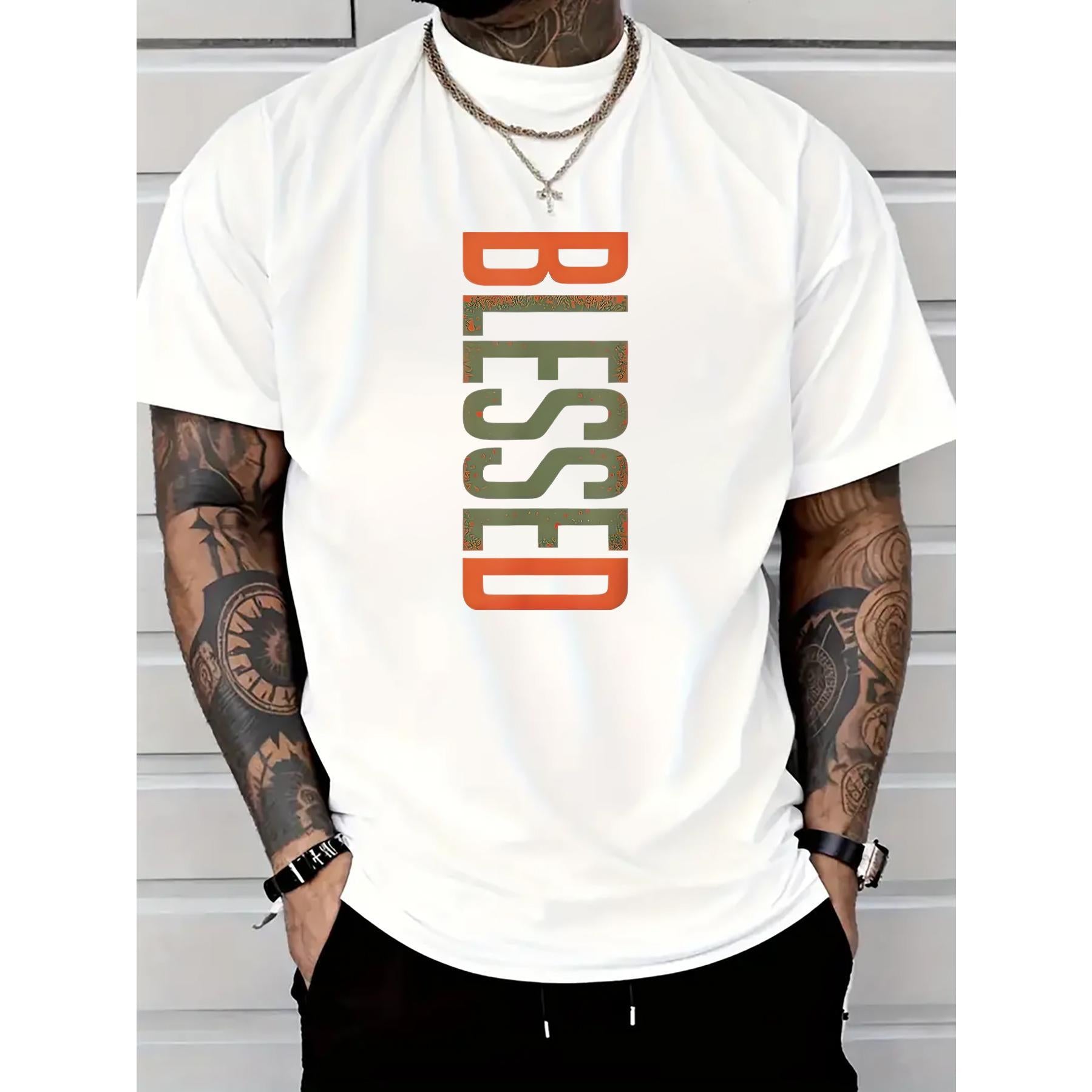 Men's "Blessing" pattern cotton T-shirt - casual and comfortable, short sleeves, crew neck, suitable for daily wear and outdoor activities Fathersdaygift Streetwear men gifts graphic t-shirts chromakopia tour outfits ivan cornejo merch 90s graphic tees