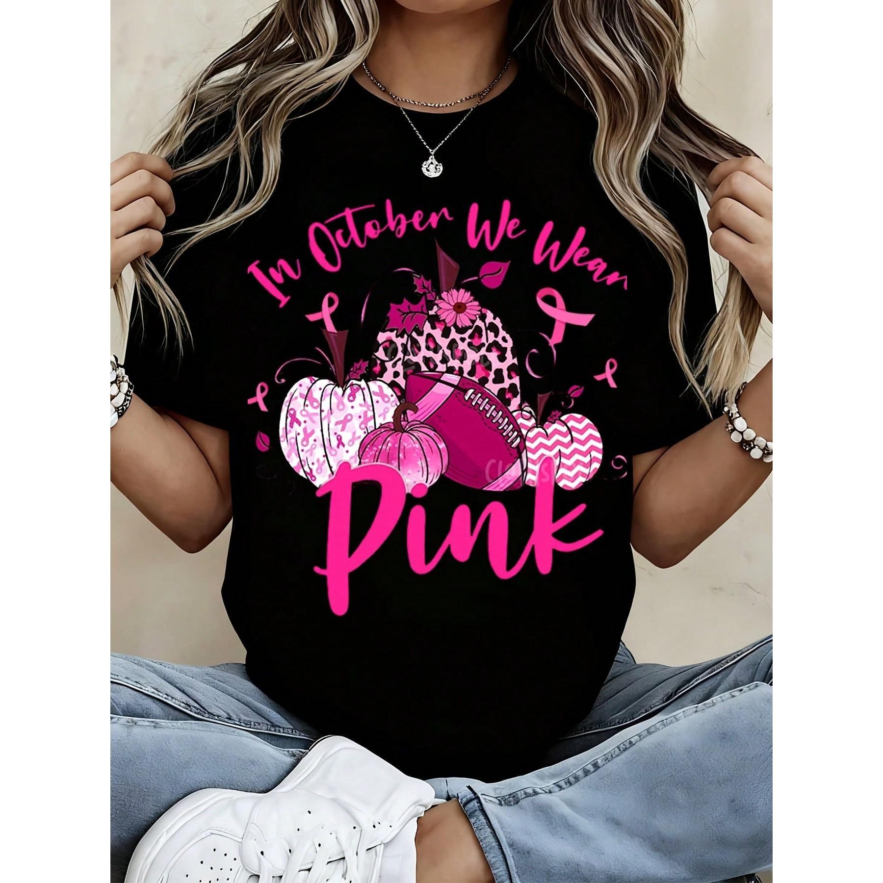 Women Breast Cancer Awareness In October We Wear Pink Pumpkin Football Graphic Tee Casual Short Sleeve Top Fall Charity Support Gift