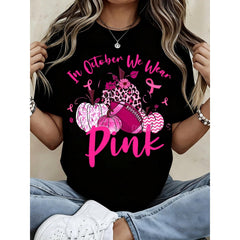 Women Breast Cancer Awareness In October We Wear Pink Pumpkin Football Graphic Tee Casual Short Sleeve Top Fall Charity Support Gift
