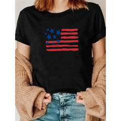 Women's Patriotic American Flag Print T-Shirt - Casual Short Sleeve Round Neck Top All-Season