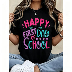 Women T Shirt Happy First Day Of School Graphic Print Casual Top For Back To School Season