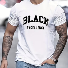 Men's Black Excellence T Shirt, Inspirational Graphic Tee with Bold Letter Print, Casual Short Sleeve Cotton Shirt, Everyday Fashion Streetwear