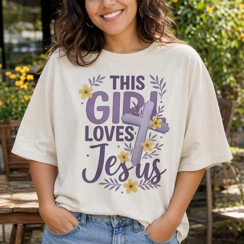 This Girl Loves Jesus Shirt Women Plus Size Christian Faith Graphic Tee Floral Cross Top