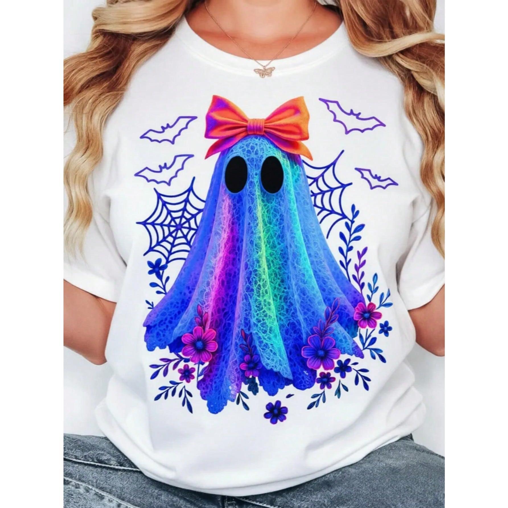 Summer Plus Size Women Halloween Lace Ghost Doll Bow Letter Print Crew Neck Short Sleeve Tee