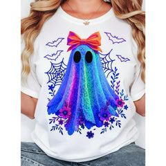 Summer Plus Size Women Halloween Lace Ghost Doll Bow Letter Print Crew Neck Short Sleeve Tee