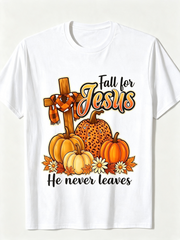 Fall for Jesus He Never Leaves Graphic T‑Shirt, Autumn Pumpkin Cross Christian Women’s Casual Short Sleeve Tee