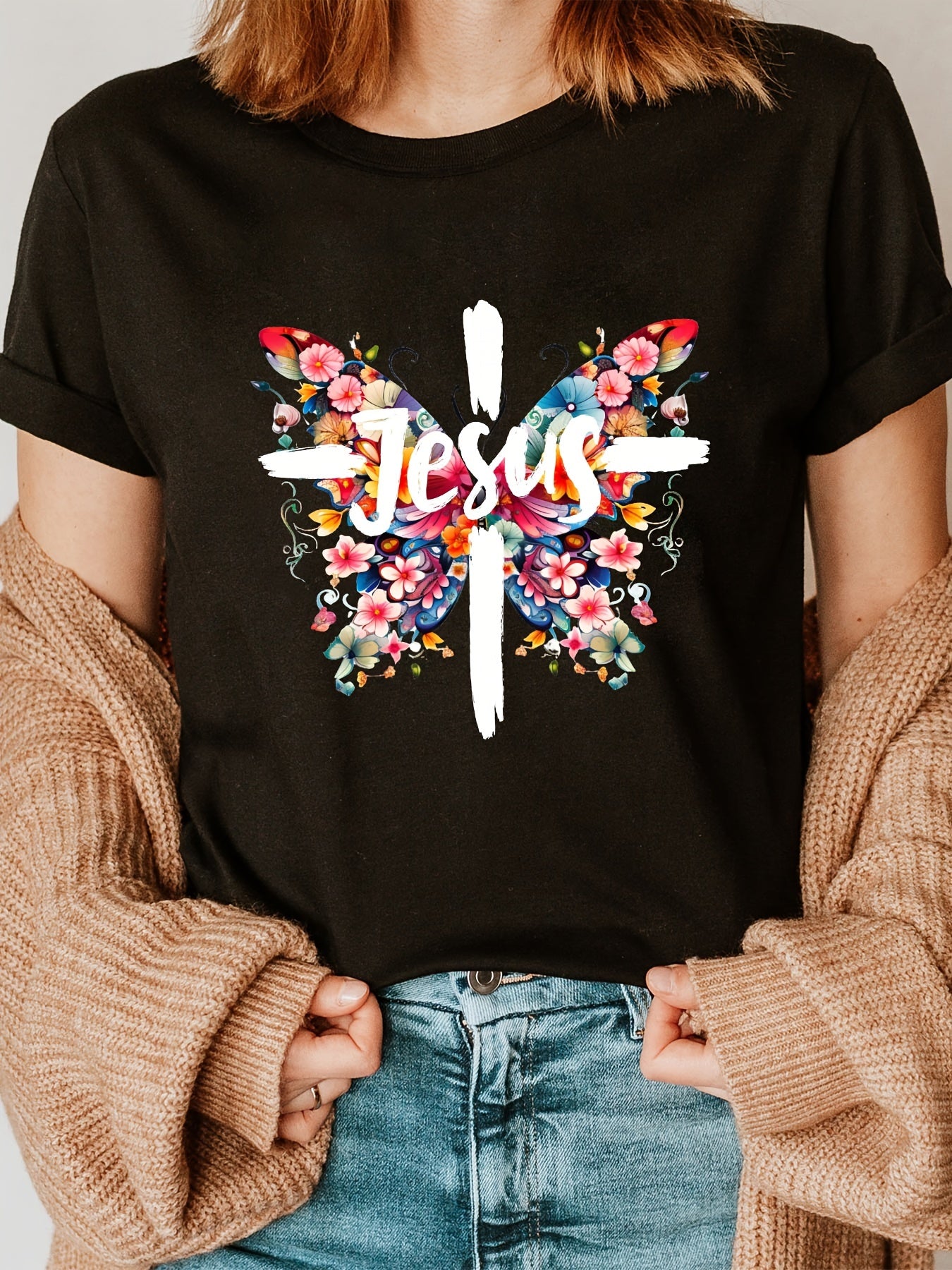 Women's Butterfly Floral Print T-Shirt, Short Sleeve Crew Neck Casual Top for Spring & Summer, Everyday Comfort Wear Religious Motif Apparel