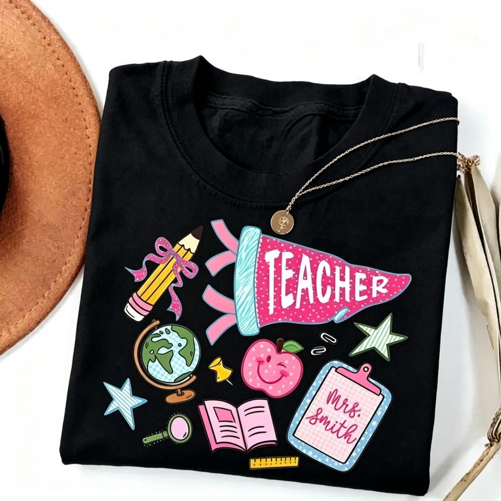 Teacher Pennant T-Shirt, Preppy Coquette Teacher Tee, School Supplies TShirt, First Day of School, Back To School Tee