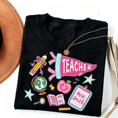 Teacher Pennant T-Shirt, Preppy Coquette Teacher Tee, School Supplies TShirt, First Day of School, Back To School Tee