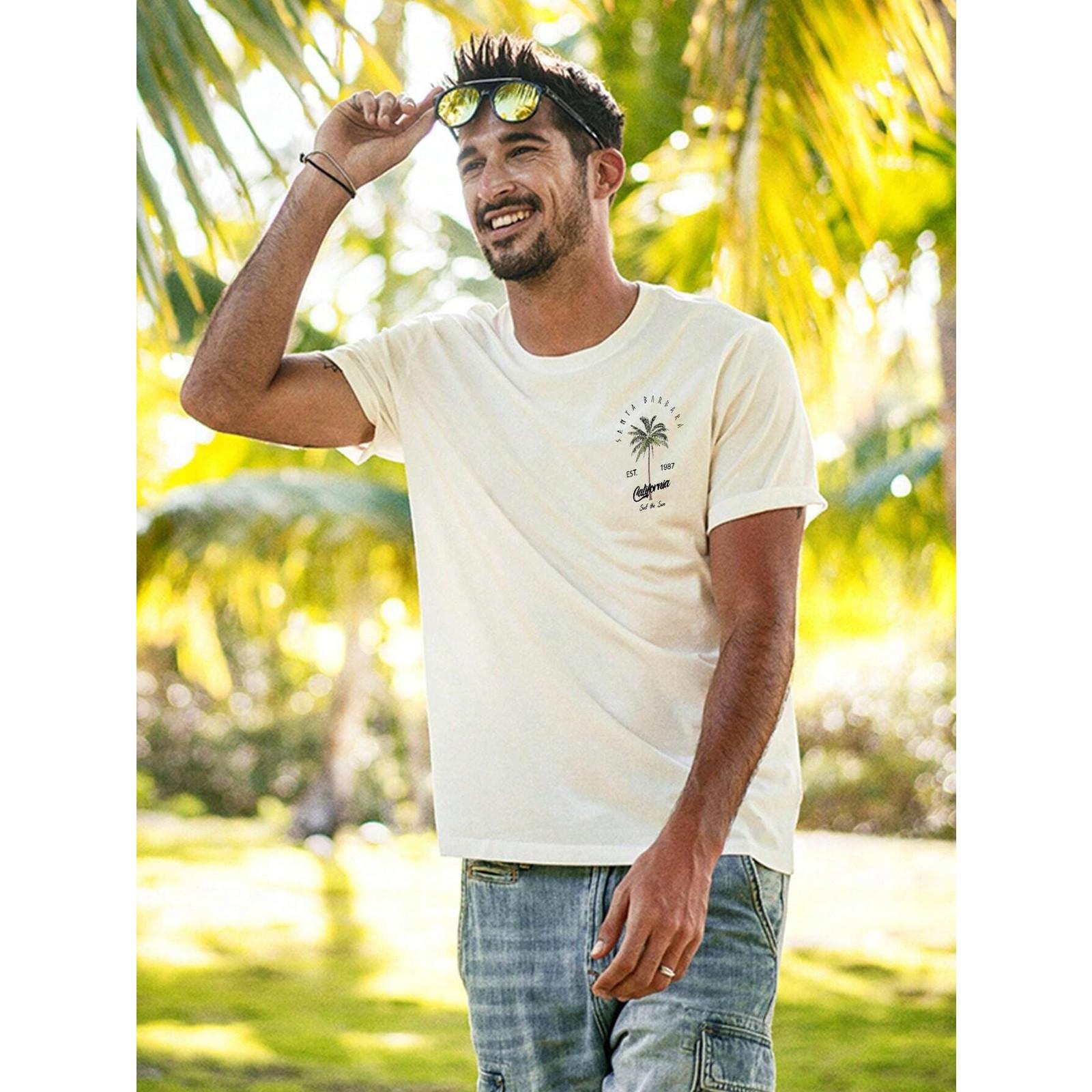 Summer New Men's Coconut Tree Letter Print Short Sleeve Round Neck T-Shirt