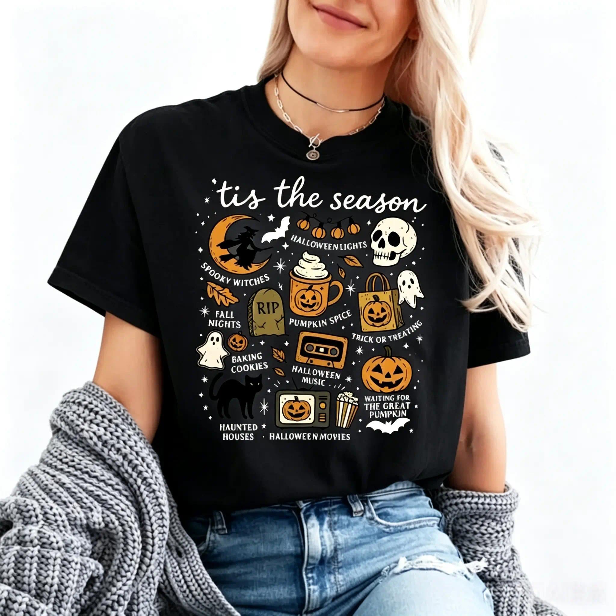 Women's Short Sleeve Casual Round Neck Streetwear Halloween Graphic Tee - Cute Coquette Fall Retro Pumpkin Spice Spooky Witch Ghost Trick Or Treat, Relaxed Fit, Garment Dyed Low Impact Dye, Sport & Outdoor Sports Top, shortsleeve