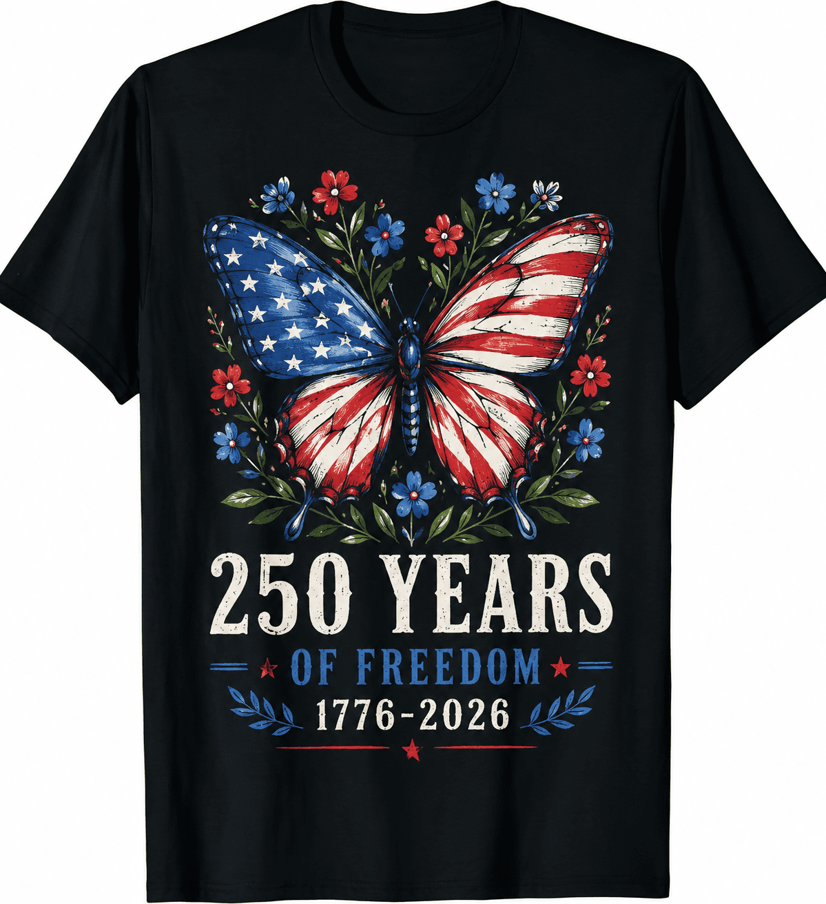 250 Years of Freedom Butterfly T-Shirt for Women, Patriotic American Flag Butterfly Graphic Tee, Vintage USA Independence Day Shirt 1776-2026