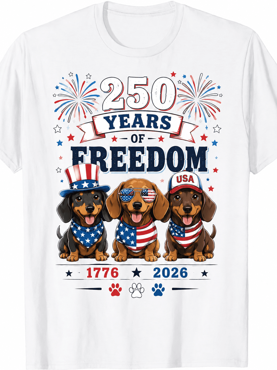 250 Years of Freedom Dachshund Graphic T-Shirt Patriotic Dog 1776-2026 Independence Day Tee
