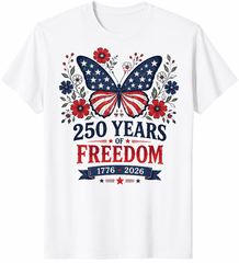 250 Years of Freedom Patriotic Butterfly T-Shirt for Women | 1776–2026 Floral USA Graphic Tee