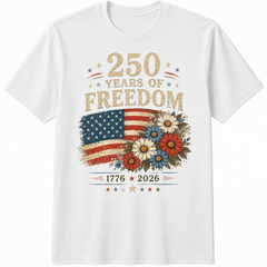 250 Years of Freedom Patriotic Floral T-Shirt for Women | 1776–2026 USA Vintage Graphic Tee