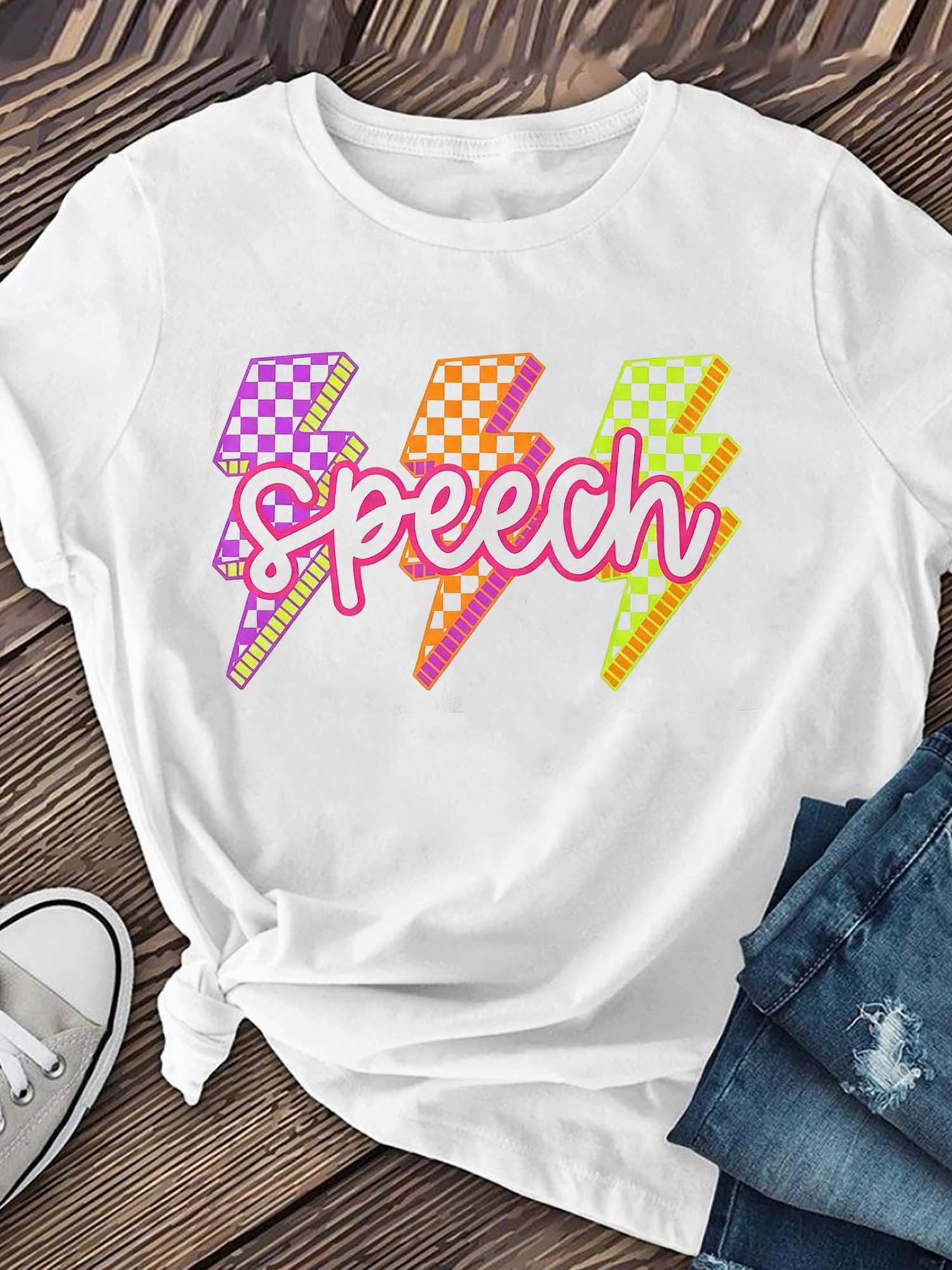 Speech Therapist Graphic T‑Shirt for Women, Retro Checkered Lightning Bolt Casual Short Sleeve SLP Gift Tee