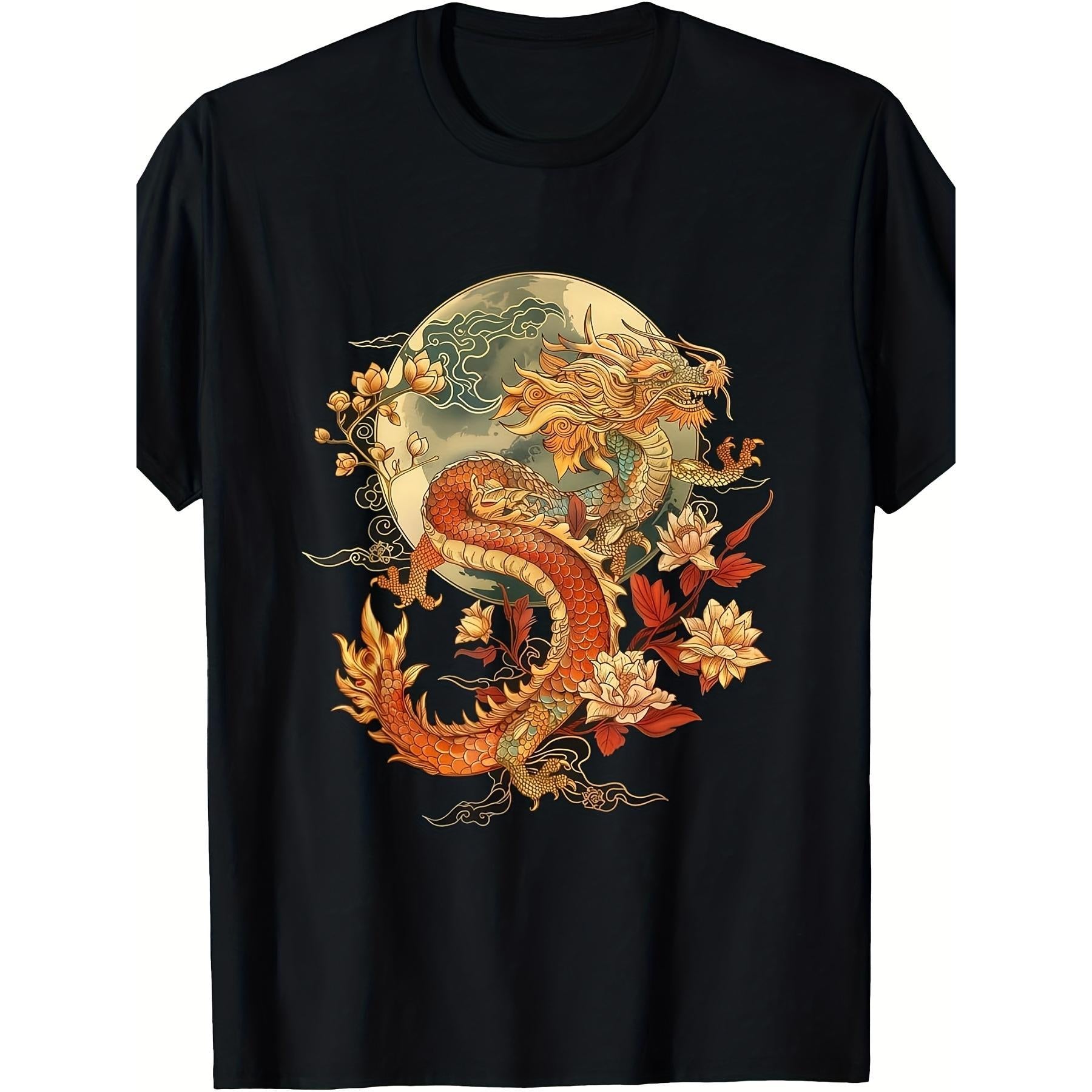 Crimson Lunar Floral Dragon Art Nouveau T-Shirt Vintage Gothic Botanical Graphic Tee Dark Aesthetic Unisex Summer Casual Top Soft Cotton Crew Neck