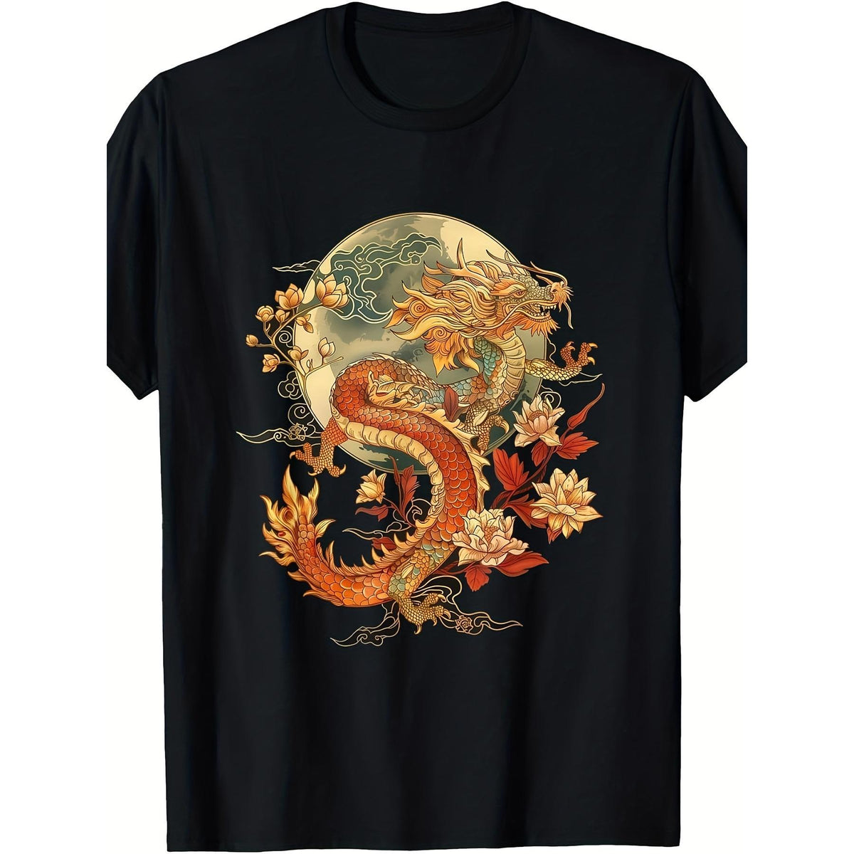 Crimson Lunar Floral Dragon Art Nouveau T-Shirt Vintage Gothic Botanical Graphic Tee Dark Aesthetic Unisex Summer Casual Top Soft Cotton Crew Neck