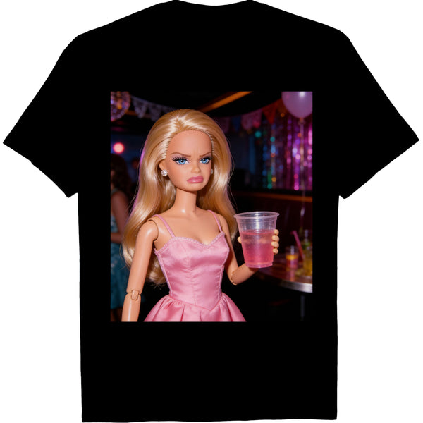 Doll Holding Pink Drink Party Scene T-Shirt - Funny Doll Face Graphic Tee, Unisex Casual Top