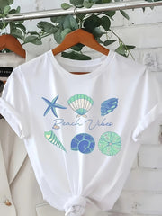 Beach Vibes Summer Coastal Graphic Tee for Men Women, Cute Beach Lover Short Sleeve T-Shirt, Casual Crew Neck Top for Vacation Gift