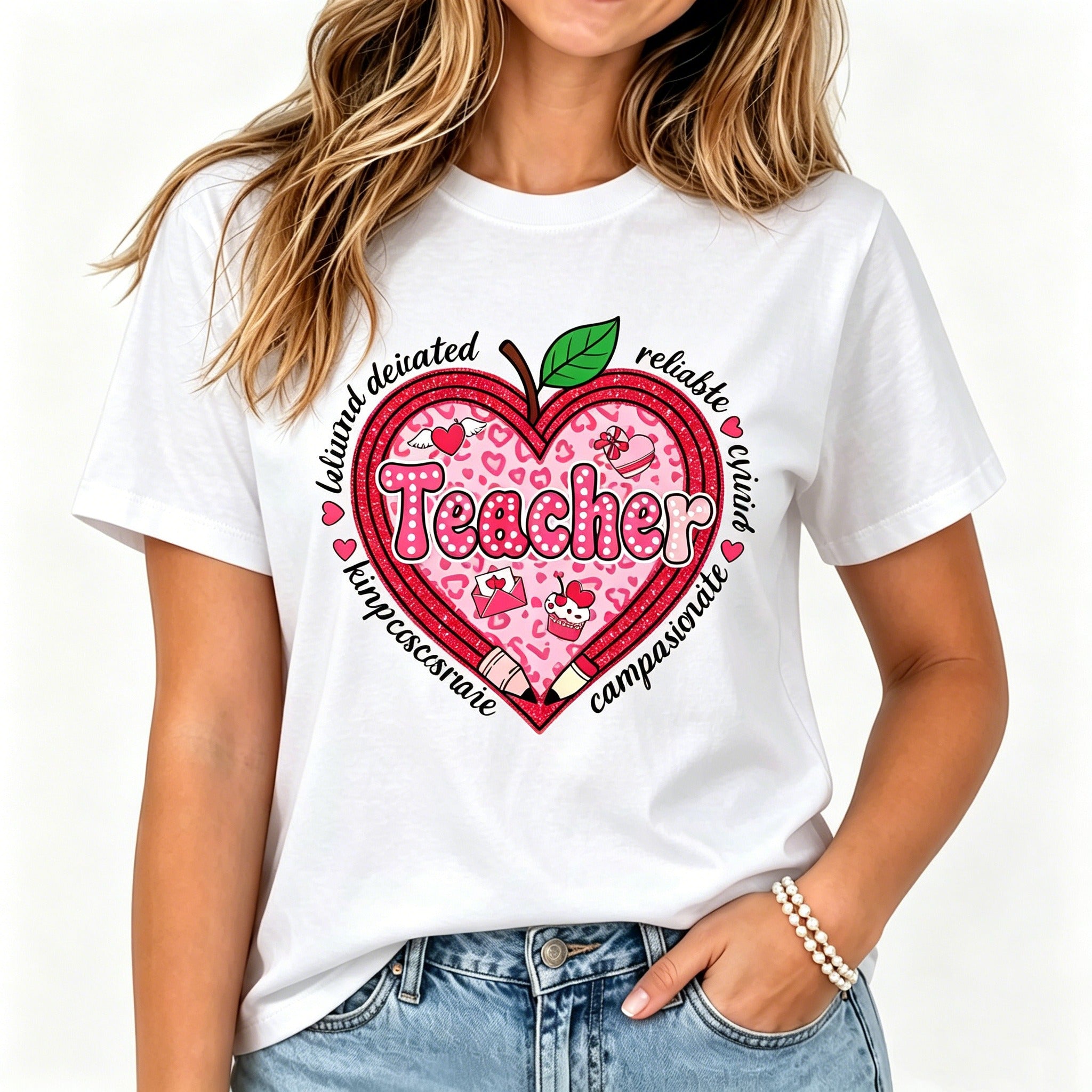Heart Teacher Appreciation Print Women Crew Neck T-Shirt, Soft Short Sleeve Back To School Casual Gift Tee For Educators