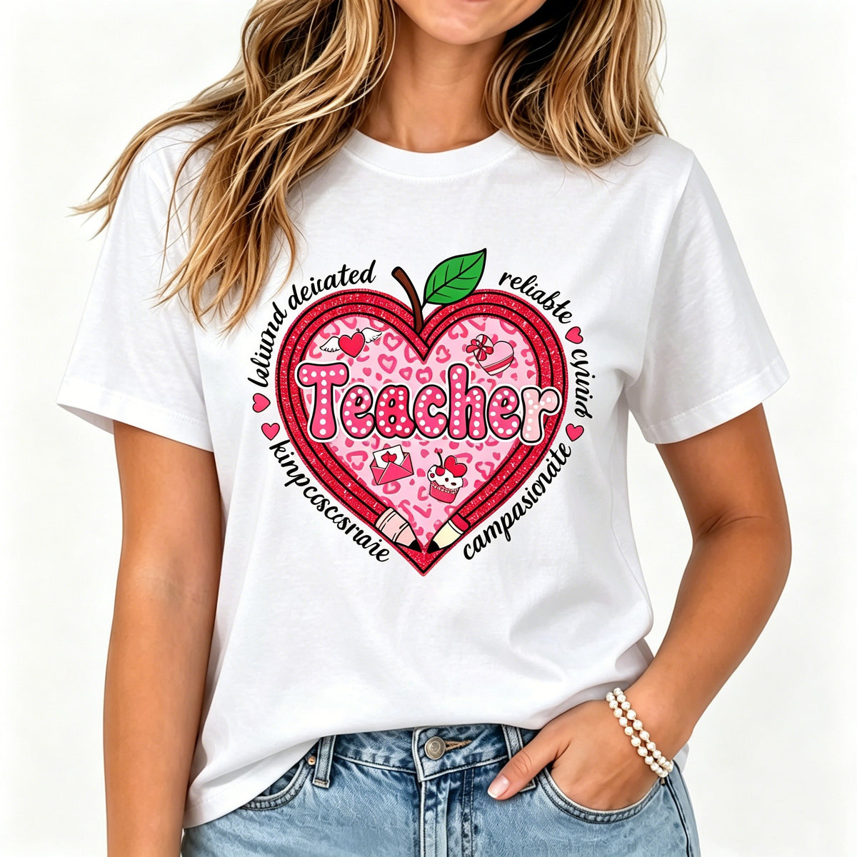 Heart Teacher Appreciation Print Women Crew Neck T-Shirt, Soft Short Sleeve Back To School Casual Gift Tee For Educators