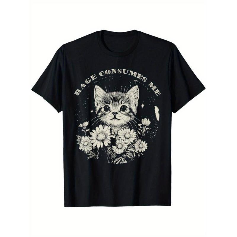 Tee [Funny Cat T-Shirt] Soft Cotton Funny Cat Graphic T-Shirt - 'Rage Consumes Me' Sarcastic Kitten & Flower Design