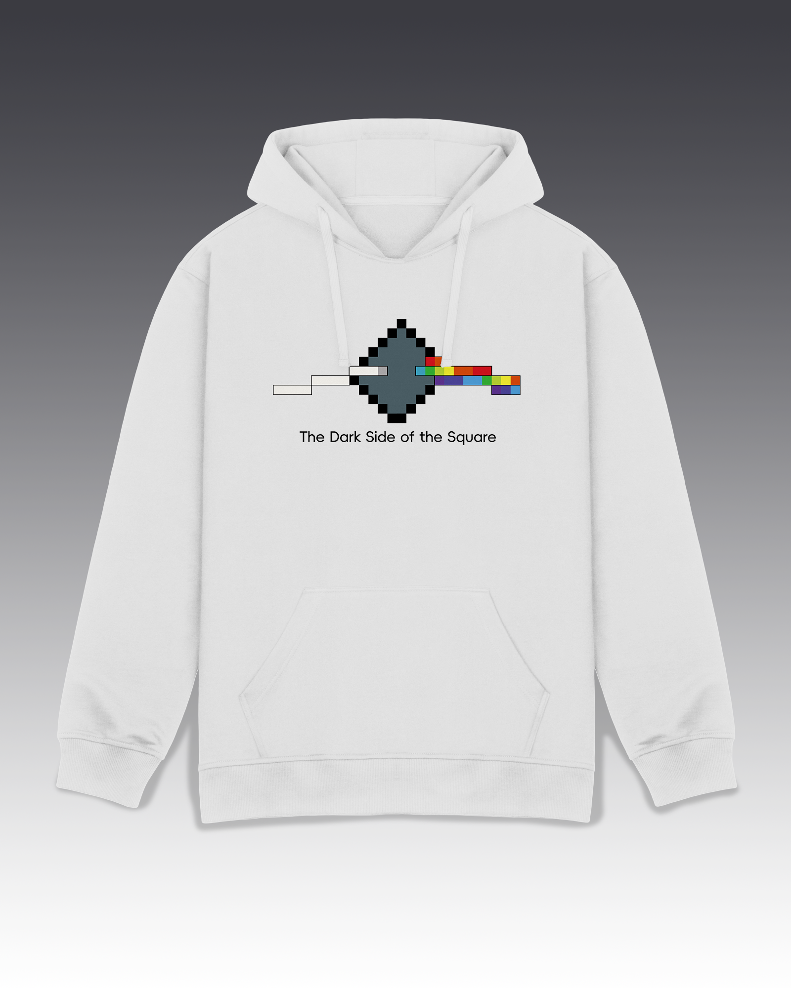 White hoodie with a graphic design on a gradient background