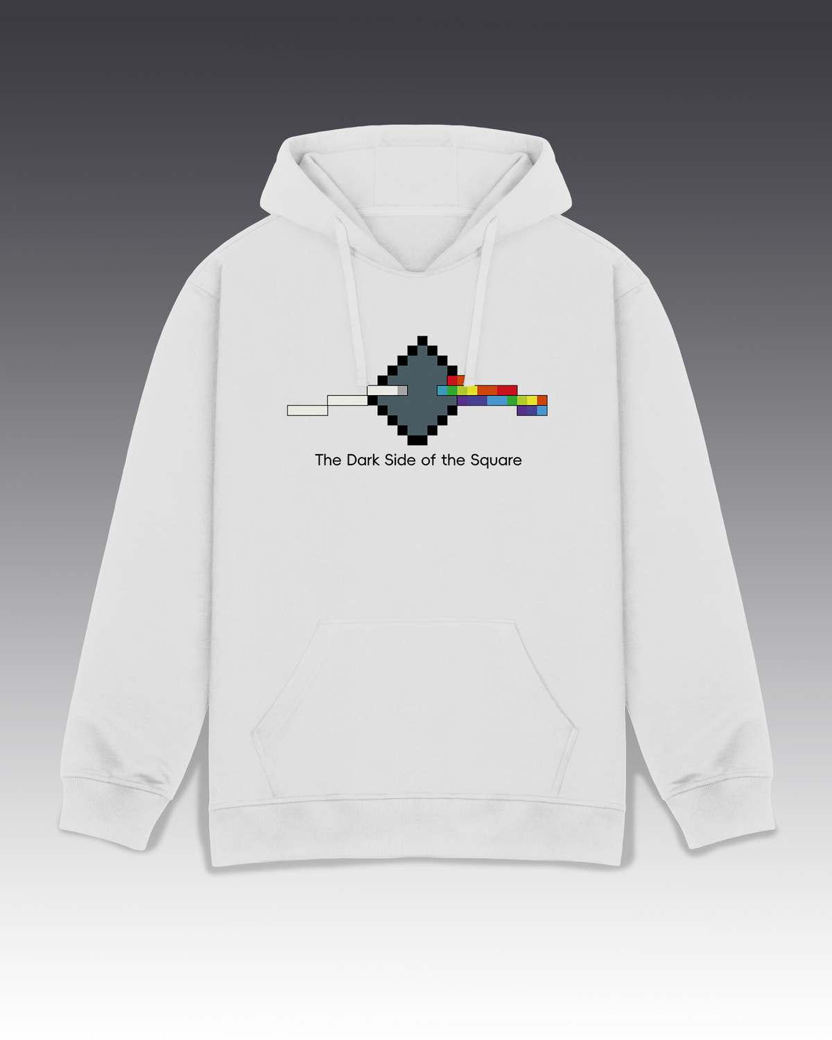 White hoodie with a graphic design on a gradient background