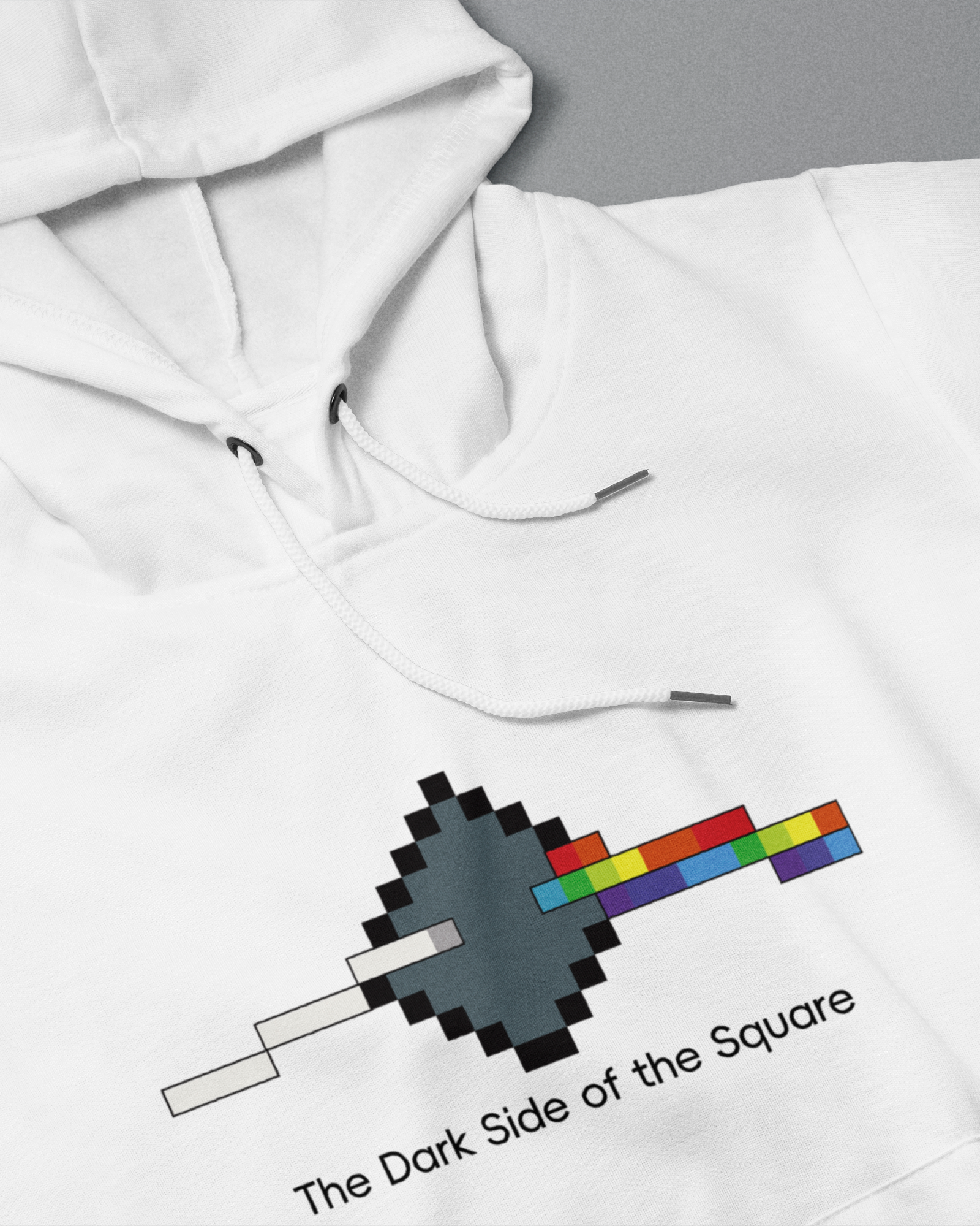 White hoodie with pixelated design and text on a white background