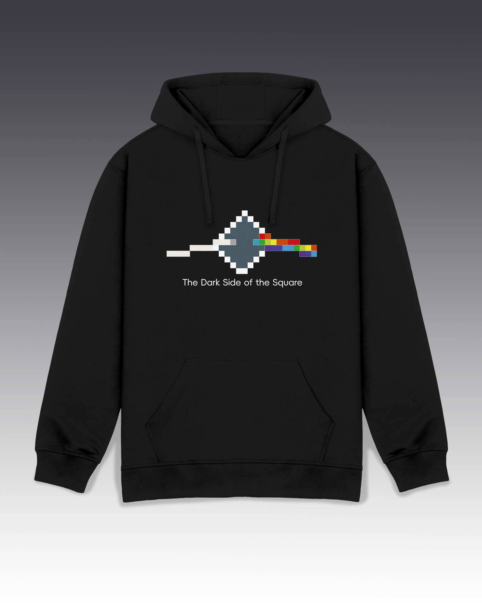 Black hoodie with a graphic design on a gradient background