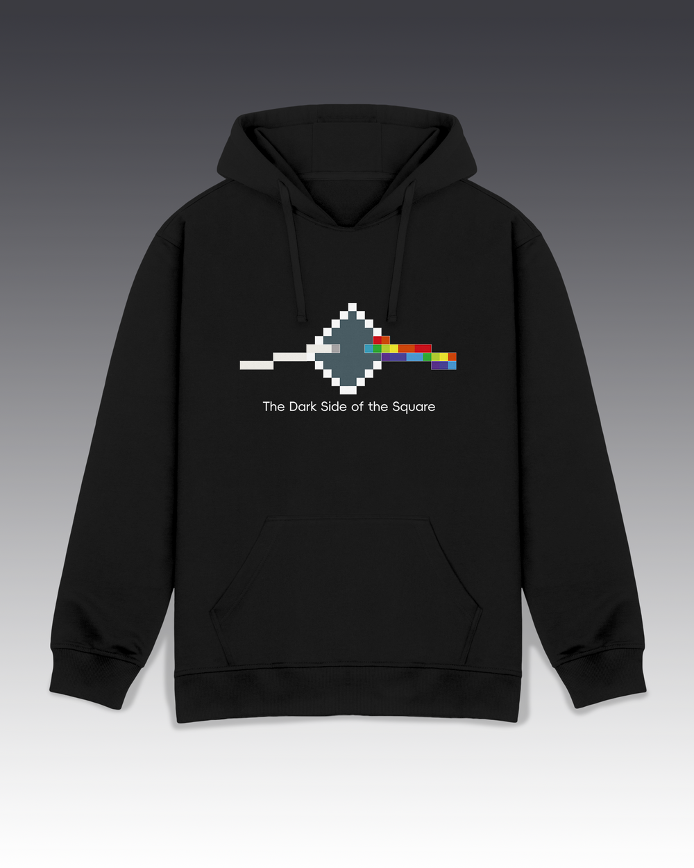 Black hoodie with a graphic design on a gradient background