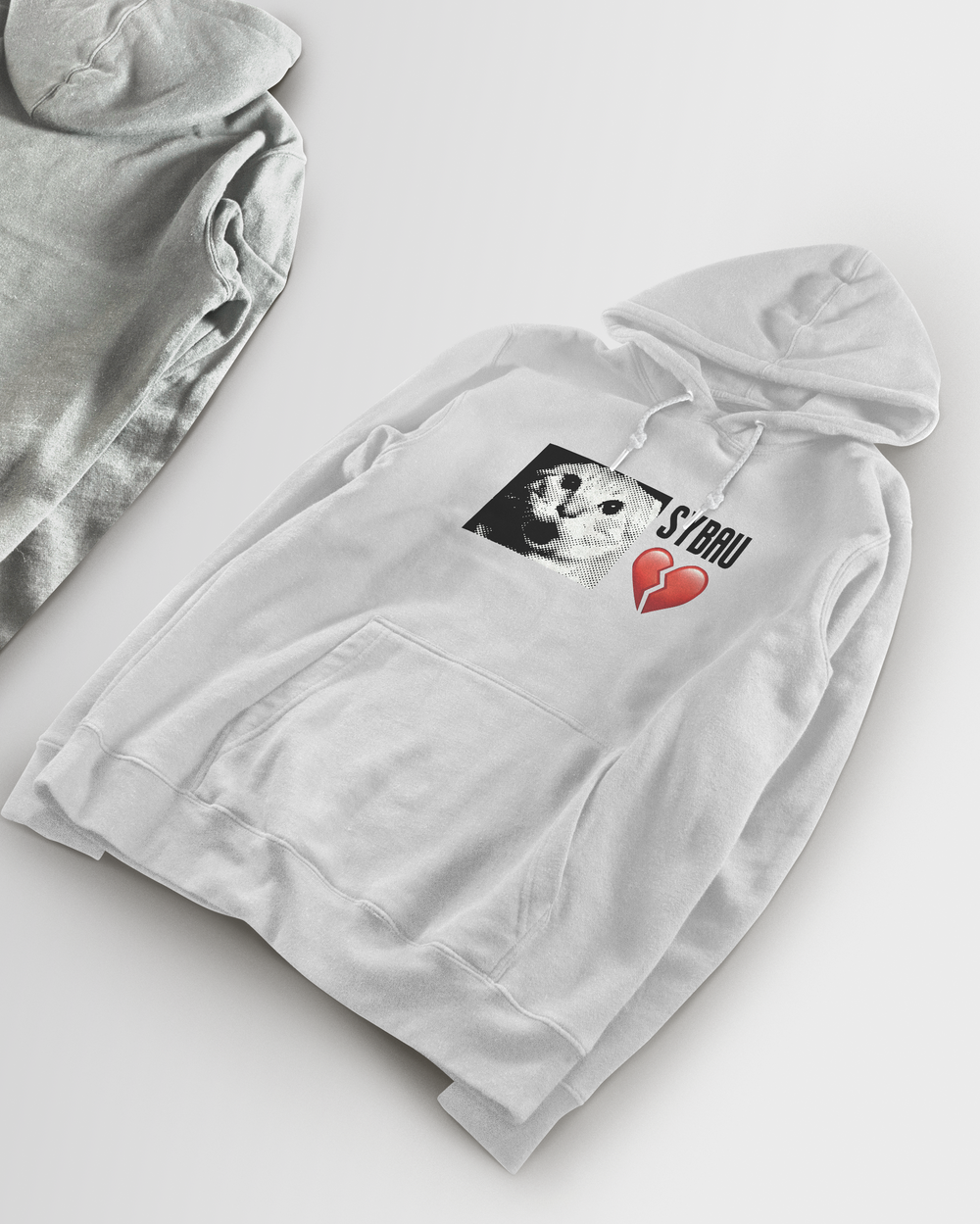 White hoodie with graphic design on a light gray background