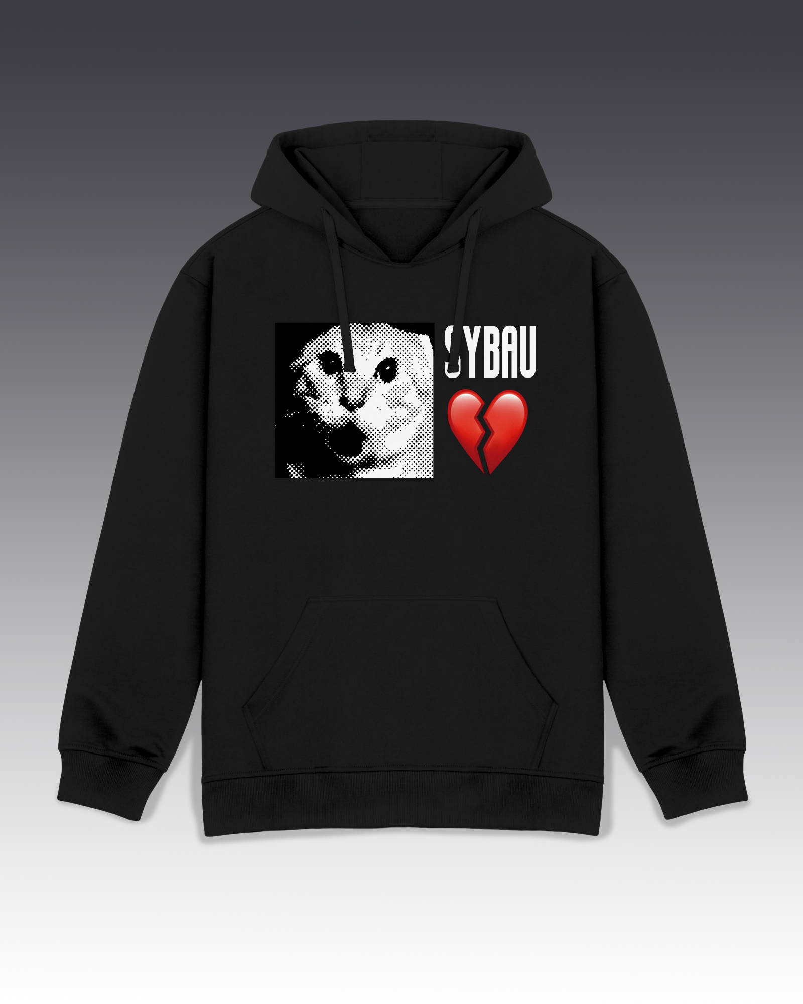 Black hoodie with a graphic of a cat, broken heart, and text on a gradient background