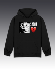 Black hoodie with a graphic of a cat, broken heart, and text on a gradient background