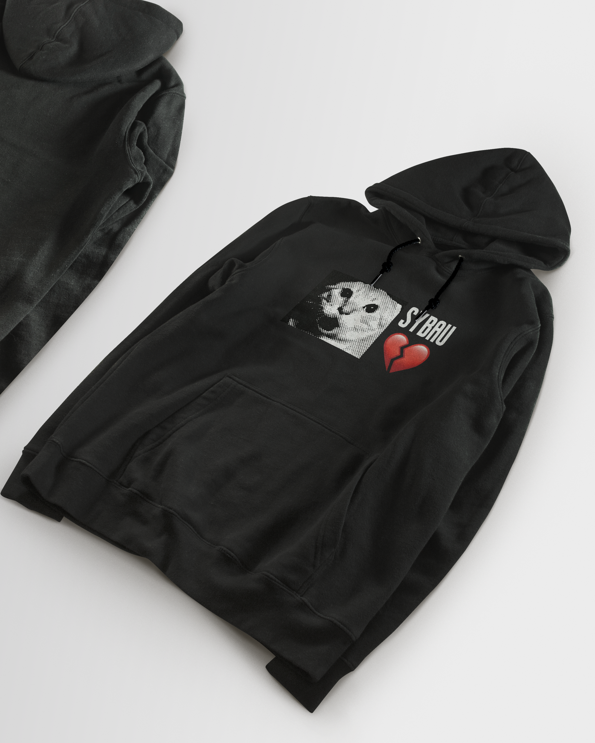 Black hoodie with graphic design on a white background