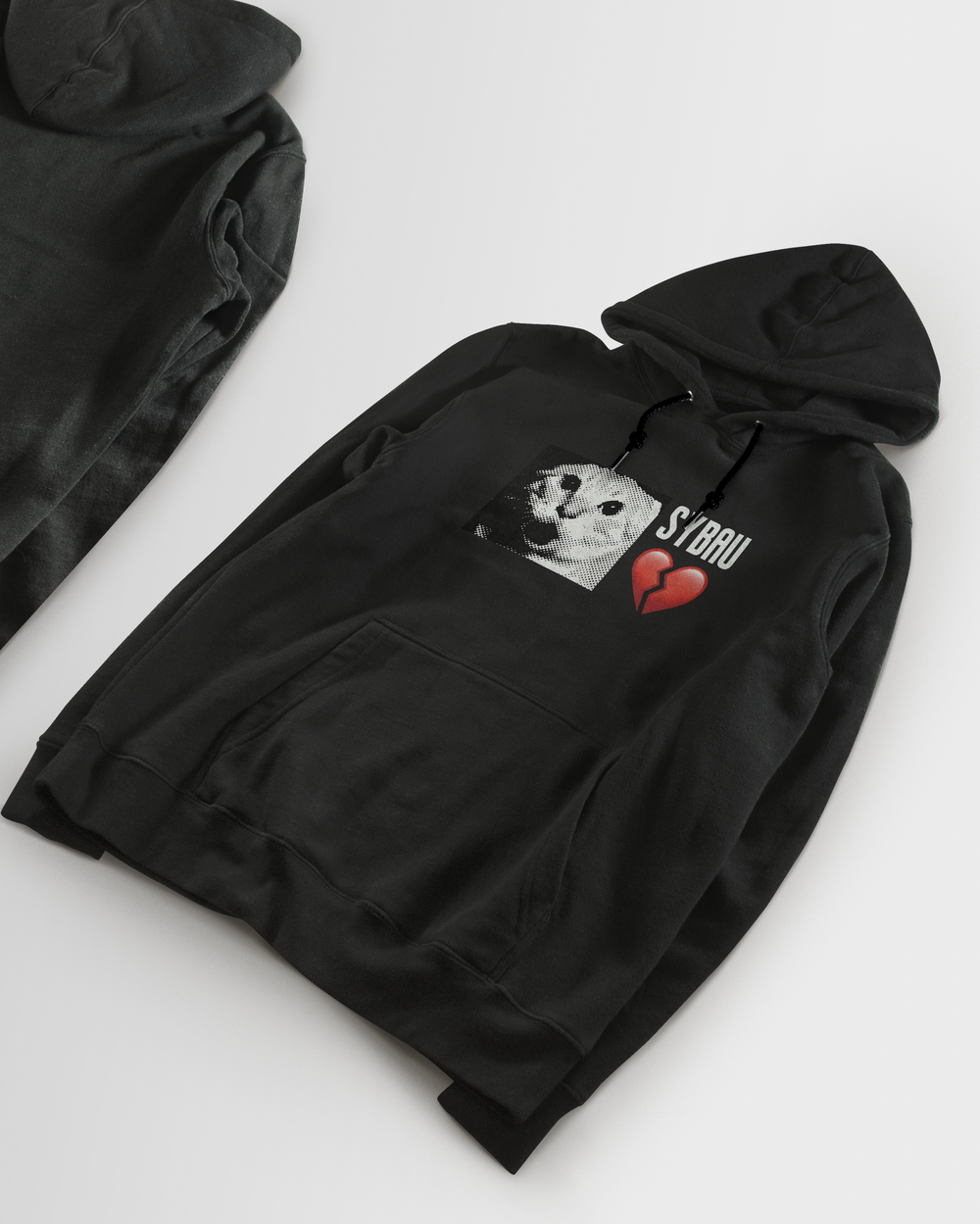 Black hoodie with graphic design on a white background